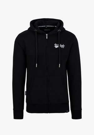 Zwart zip-up hoodie gemaakt van een katoenmix, met een voorzak, een trekkoordkap en witte logo-geborduurde details op de borst.