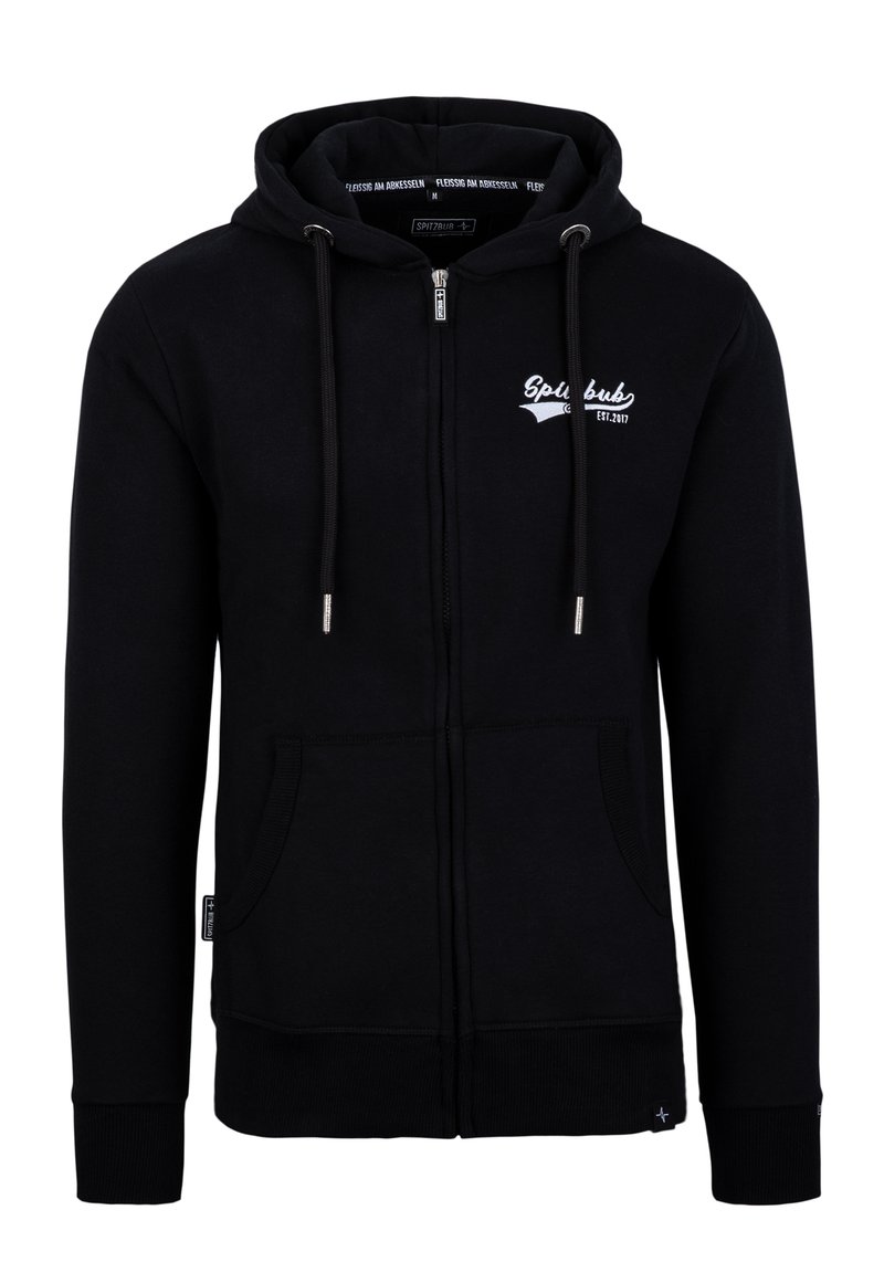 Schwarze Reißverschluss-Hoodie aus Baumwollmischung, mit einer Vordertasche, Kordelzugkapuze und weißer Logo-Stickerei auf der Brust.