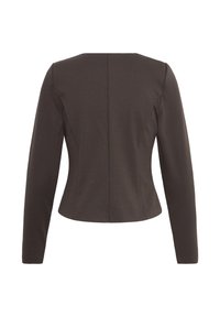 Tumši brūns sieviešu cieši pieguļošs žakete ar garām piedurknēm, strukturētām šuvēm un nedaudz izvērstu apakšmalu, redzams no aizmugures uz balta fona.