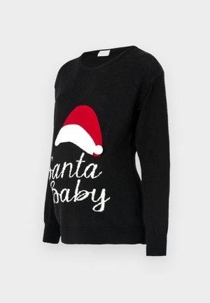Pulover negru tricotat cu maneci lungi, având o pălărie de Moș Crăciun roșie și textul alb "Santa Baby" tricotat pe față.