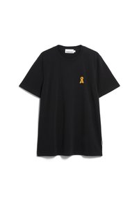 Zwarte katoenen T-shirt met korte mouwen, voorzien van een klein geel geborduurd lintlogo op de linkerborst en een label aan de zijkant.