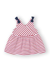 Vestido a rayas rojas y blancas con falda acampanada, que presenta acentos de lazo en azul marino en las tirantes. Material de algodón, diseño sin mangas.