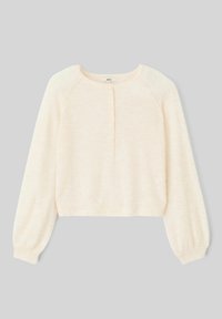 Pull cropped de couleur crème avec un col rond, boutonnage à l'avant et manches longues légèrement bouffantes. Fabriqué en tissu doux et texturé.