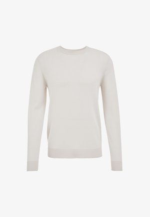 Maglione lavorato a maglia crema, colletto rotondo, maniche lunghe, polsini e orlo a coste. Tessuto morbido, design semplice e materiale leggero.