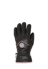 Schwarze isolierte Winterhandschuhe mit rosa Besatz, elastischem Handgelenk und runder Logo-Patch auf der Rückseite der Hand.