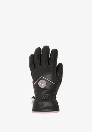 Zwarte geïsoleerde winterhandschoen met roze rand, elastische pols en ronde logo-patch op de achterkant van de hand.