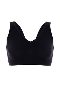 Reggiseno nero con scollatura a V profonda, realizzato in tessuto liscio. Presenta spalline larghe e una costruzione senza cuciture per il massimo comfort.