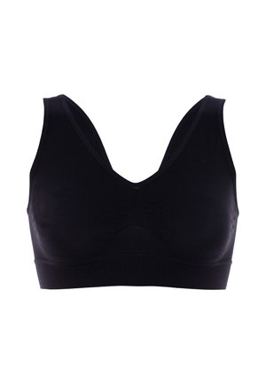 Reggiseno nero con scollatura a V profonda, realizzato in tessuto liscio. Presenta spalline larghe e una costruzione senza cuciture per il massimo comfort.
