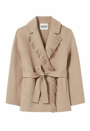 Cappotto avvolgente beige in lana con rever frangiati, vita con cintura, chiusura a bottone e due tasche frontali di Claudie Pierlot.