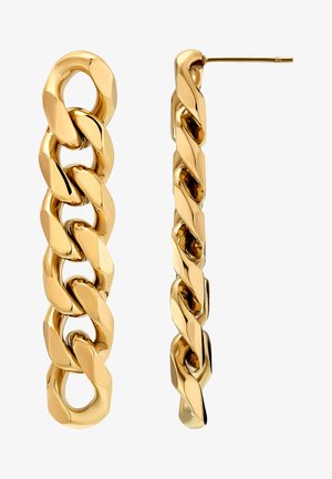 Ohrringe aus vergoldetem Metall mit polierter Oberfläche; verlängertes Design mit ineinandergreifenden ovalen und tropfenförmigen Gliedern.
