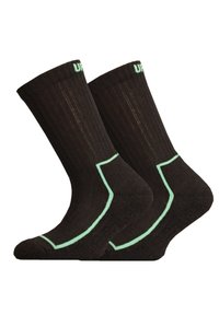 Schwarze Socken mit geripptem Textur. Mit einem hellgrünen geometrischen Design und Logo am Bündchen. Mittellange Länge. Strapazierfähiges Material.