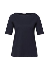 Haut pour femme bleu marine à manches courtes avec un col rond, en tissu lisse, portant l'étiquette Street One.