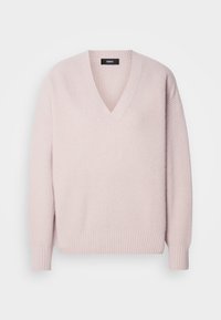 Pull en tricot rose clair avec un col en V, des poignets côtelés et un ourlet inférieur côtelé. Présente un motif texturé sur toute la surface, offrant une apparence confortable.