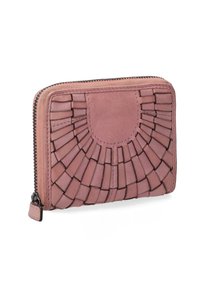 Rosa Lederbörse mit strukturiertem, gewebtem Design, Reißverschlussverschluss und glatten Akzenten, mit einer abgerundeten, genähten Detail. 