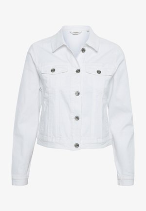 Weiße Jeansjacke mit langen Ärmeln, Knopfverschluss, zwei Brusttaschen und metallischen Akzenten. Klassisches, kurzes Design und glatte Textur.