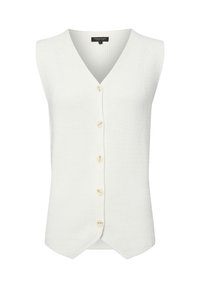 Witte gebreide vest met V-hals, mouwloos ontwerp en vijf roomkleurige knopen aan de voorkant. Heeft een gestructureerde stof en een geschulpt zoom.