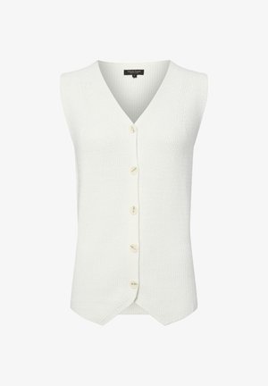 Weißer gestrickter ärmelloser Pullover mit V-Ausschnitt und fünf cremefarbenen Knöpfen an der Vorderseite. Verfügt über einen strukturierten Stoff und einen abgerundeten Saum.