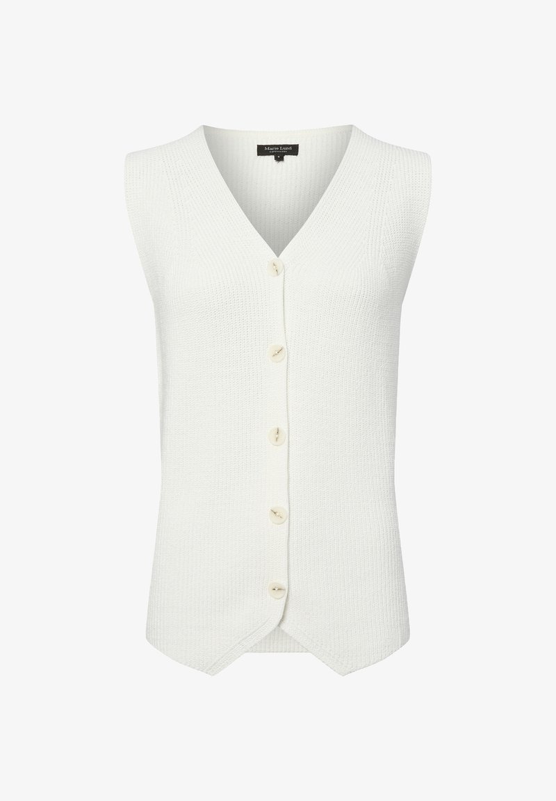 Biała, dziana kamizelka z dekoltem w serek, bez rękawów, z pięcioma kremowymi guzikami z przodu. Charakteryzuje się teksturowanym materiałem oraz zaokrąglonym dołem.