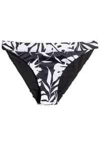Černé spodní části bikiny s bílým tropickým listovým vzorem. Hladká tkanina s kontrastním černým pasem a vnitřním podšitím.