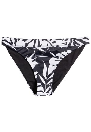 Culottes de bikini negros con un patrón de hojas tropicales blancas. Tejido suave con una cinturilla y un forro interior negros en contraste.