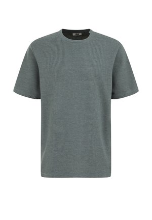 T-shirt met korte mouwen en een ronde hals in gedempt groen. Gemaakt van zacht, gestructureerd stof met een subtiel patroon en zonder zichtbare hardware of accenten.