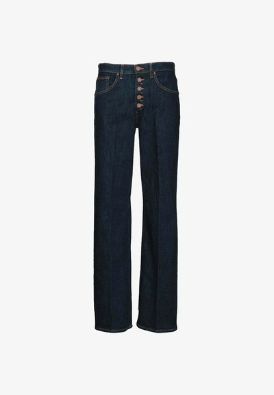 Jeans in denim blu scuro con vita alta, dotati di chiusura a cinque bottoni, design a gamba dritta e cuciture a contrasto.