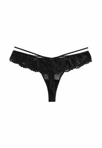 Perizoma in pizzo nero con motivo floreale, rifiniture delicate e cinturini sottili. Tessuto morbido con copertura minima e design a vita bassa.