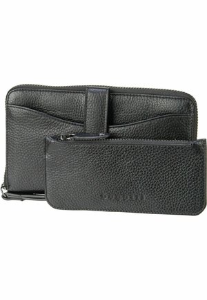 Black leather wallet set, featuring a textured finish, with a main zip compartment and a smaller zip pouch. Simple, functional design.