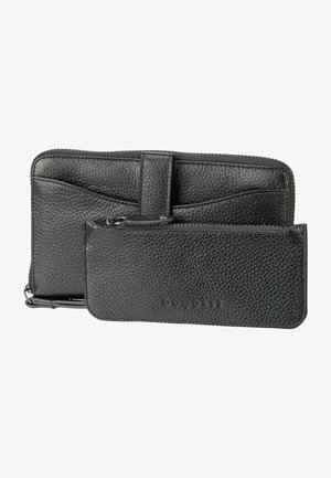 Ensemble de portefeuille en cuir noir, avec une finition texturée, comprenant un compartiment principal zippé et une pochette zippée plus petite. Design simple et fonctionnel.