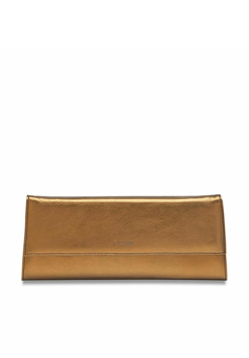 Billetera de cuero dorado metálico con un acabado suave, forma rectangular alargada y un sutil logotipo en relieve en la parte delantera. Sin herrajes visibles.