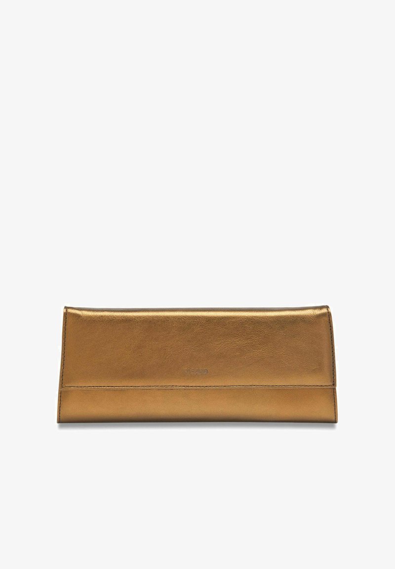 Portefeuille en cuir doré métallisé avec une finition lisse, de forme rectangulaire allongée et logo en relief subtil à l'avant. Pas de quincaillerie visible.