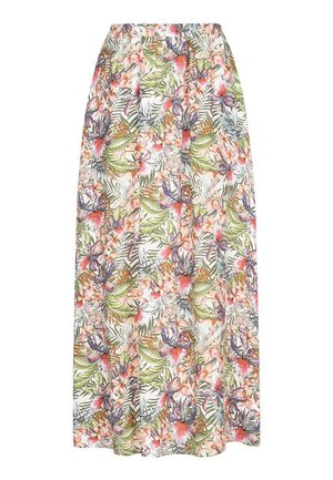 Floraler Maxirock mit elastischem Bund. Mit lebendigen pinken, grünen und lilafarbenen tropischen Mustern auf weißem Hintergrund. Leichter Stoff.