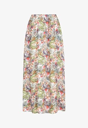 Maxirok met bloemenprint en een elastische tailleband. Heeft levendige roze, groene en paarse tropische patronen op een witte achtergrond. Lichtgewicht stof.