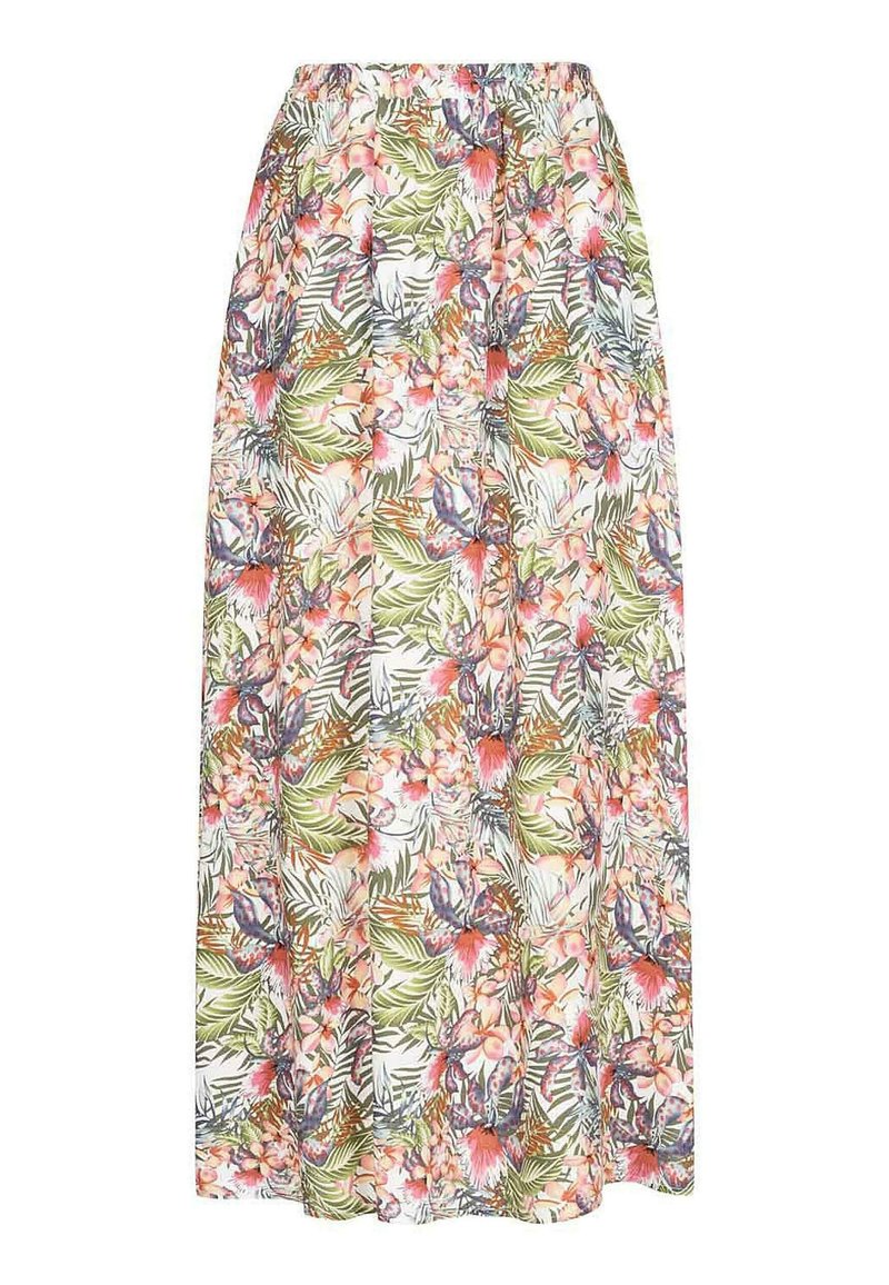 Floraler Maxirock mit elastischem Bund. Mit lebendigen pinken, grünen und lilafarbenen tropischen Mustern auf weißem Hintergrund. Leichter Stoff.