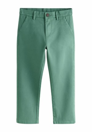 Grüne gerade geschnittene Hose mit seitlichen Taschen, Gürtelschlaufen und Knopfverschluss an der Taille.