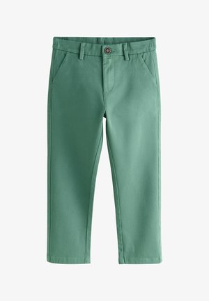 Green straight-leg pants with side pockets, belt loops, and button closure at the waist.