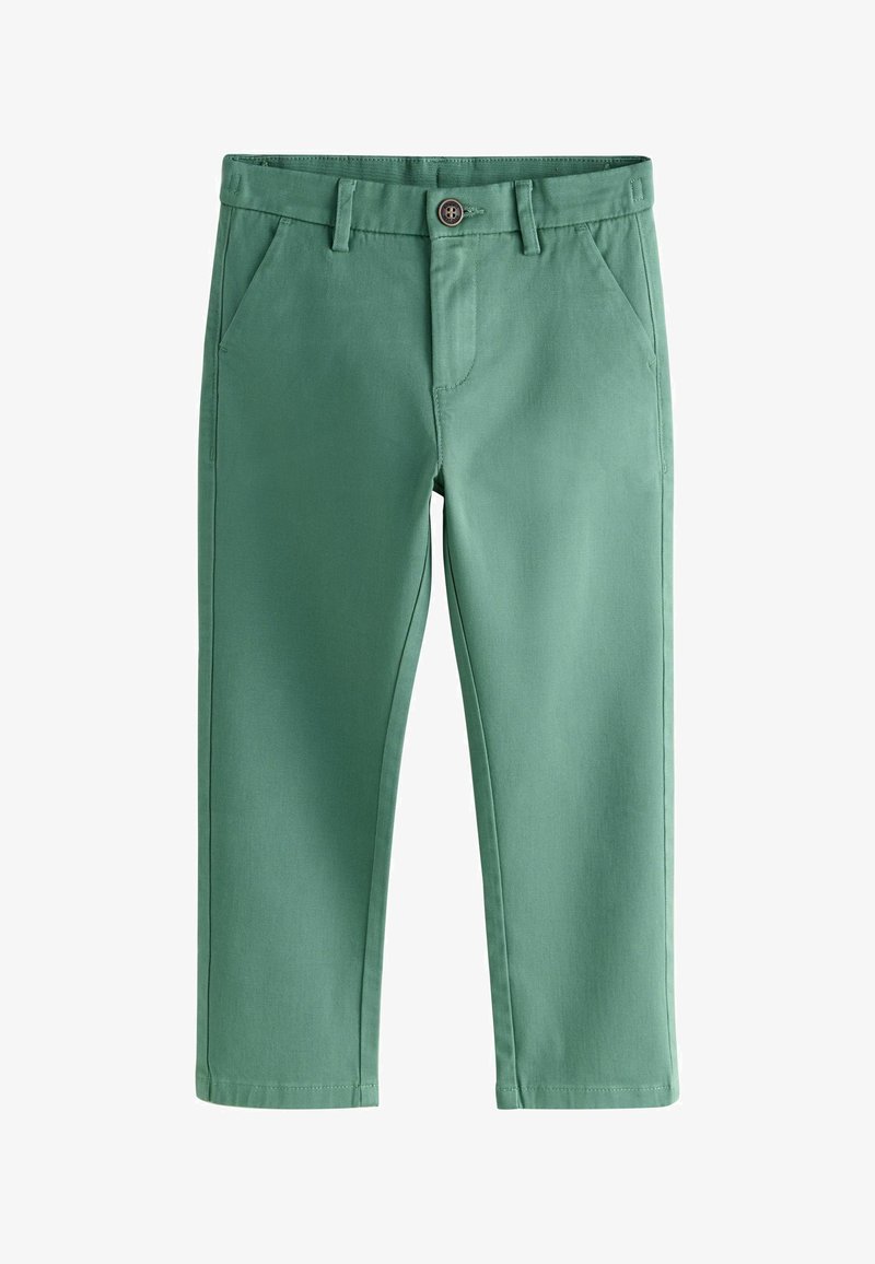 Pantalon vert à jambes droites avec poches latérales, passants pour ceinture et fermeture boutonnée à la taille.