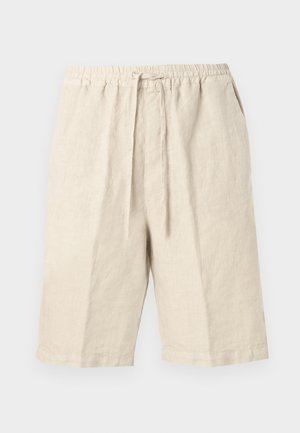 Beige linnen short met een elastische tailleband, trekkoordsluiting en zijzakken. Heeft een losse pasvorm en een zachte textuur.