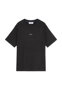 Sort t-shirt lavet af blødt bomuld, med rund halsudskæring og korte ærmer. Lille hvidt logo trykt på brystet, afslappet design.