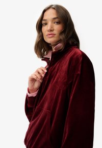 Jersey de terciopelo burdeos con un cuello alto, forro interior rosa, cierre de cremallera y bolsillo delantero. Incluye un detalle de logotipo bordado.