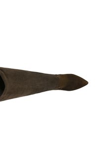 Botte en suède marron à hauteur de genou avec un bout pointu et une silhouette ajustée, présentant une texture lisse et un design minimaliste.