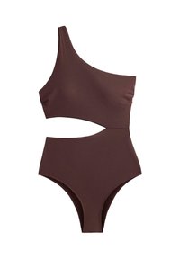 Maillot de bain une pièce marron foncé à une épaule, avec une découpe à l'avant à la taille et des ouvertures de jambes échancrées.