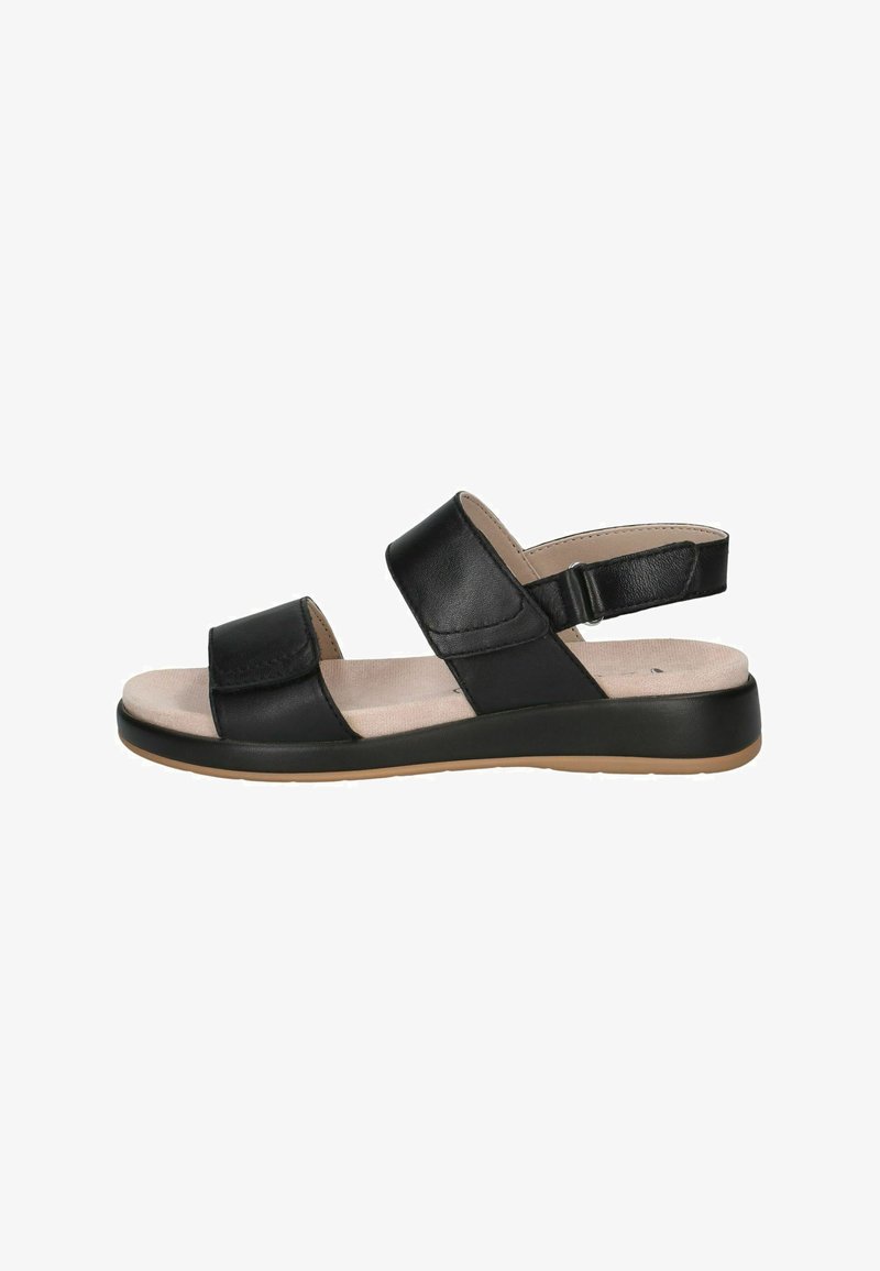Sandale en cuir noir avec deux brides ajustables, une semelle intérieure rembourrée et une semelle en caoutchouc basse. Présente un design épuré et minimaliste.