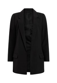 Blazer nero realizzato in un tessuto liscio. Presenta un colletto a punta, due tasche frontali e un design aperto davanti. Silhouette classica e su misura.