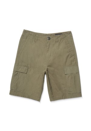 Cargo-Shorts in olivgrün, aus leichtem Stoff gefertigt. Sie verfügen über Seitentaschen, einen Knopfverschluss und einen geraden Schnitt. Strapazierfähiger Stoff.