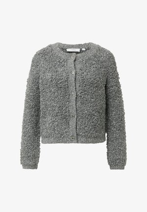 Szary sweter o fakturze dzianiny z długim rękawem i pięcioma zapięciami na zatrzask z przodu, oznaczony rozmiarem 36.