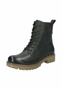 Bottine en cuir vert foncé avec un bout rond, un laçage à l'avant et une semelle en caoutchouc texturée. Elle possède une languette à l'arrière.