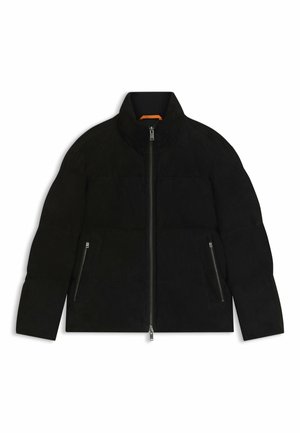 Schwarze gepolsterte Jacke mit hohem Kragen, Frontreißverschluss und zwei seitlichen Taschen mit eleganten Metallakzenten. Weiches, strukturiertes Material.