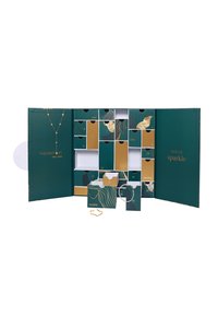 Jewelry advent calendar in teal and gold features numbered drawers; includes necklaces and a gold accent. Open design reveals contents.
