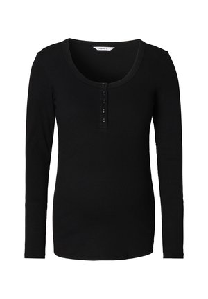 Zwart geribd shirt met lange mouwen, een ronde hals en een sluiting met vijf knopen, slim fit, getoond op een witte achtergrond.